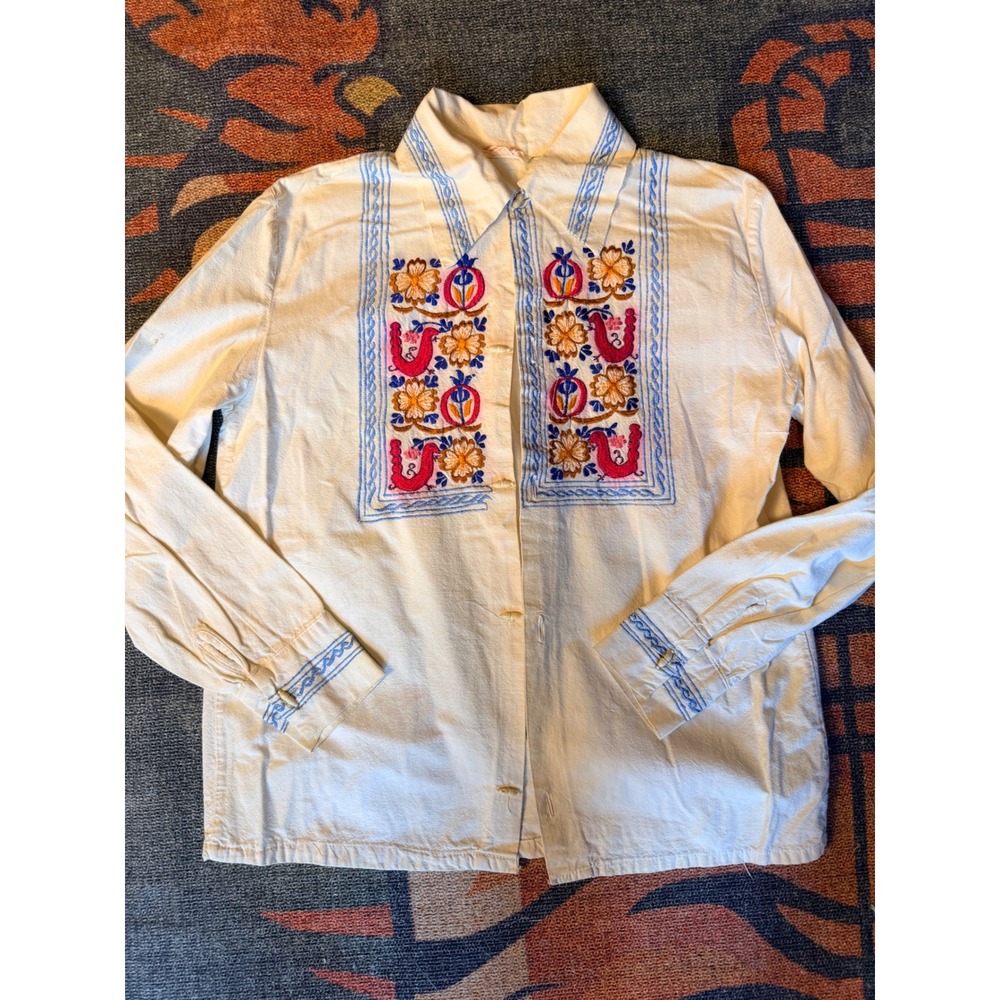 Vintage Mexican Embroidered Cotton Bird Floral Button Down Shirt Cream Medium